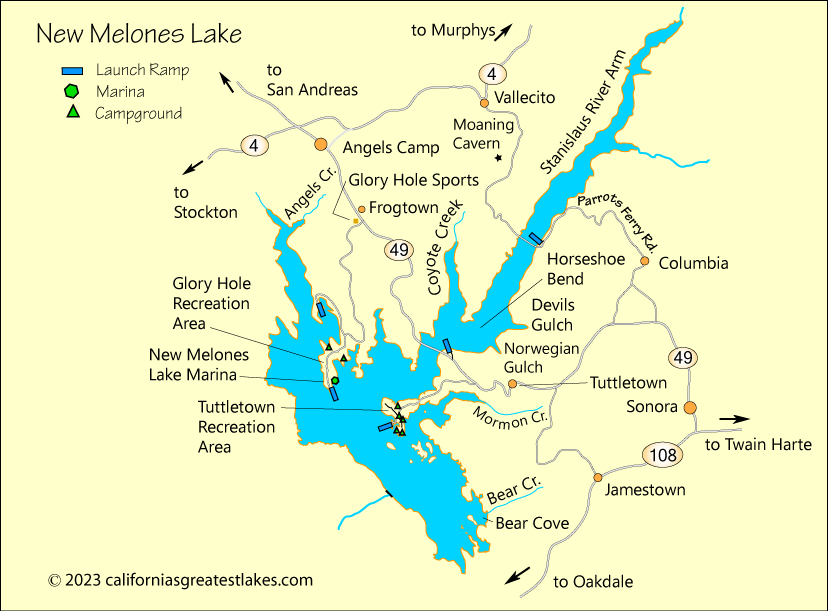 New Melones Lake fishing map, CA