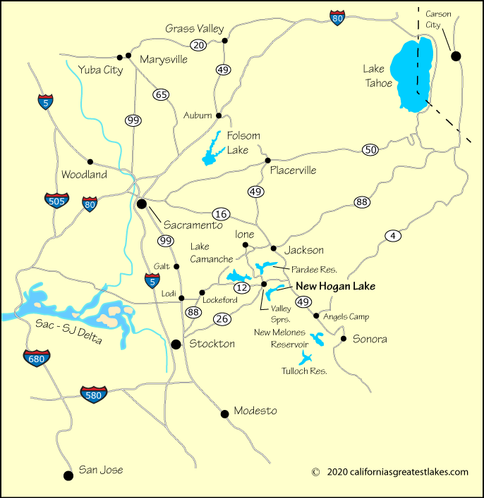 Map showing the greater New Hogan Lake area, CA