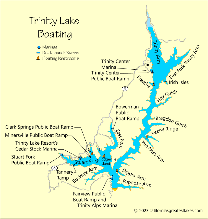 Trinity Lake boating and fishing map, CA