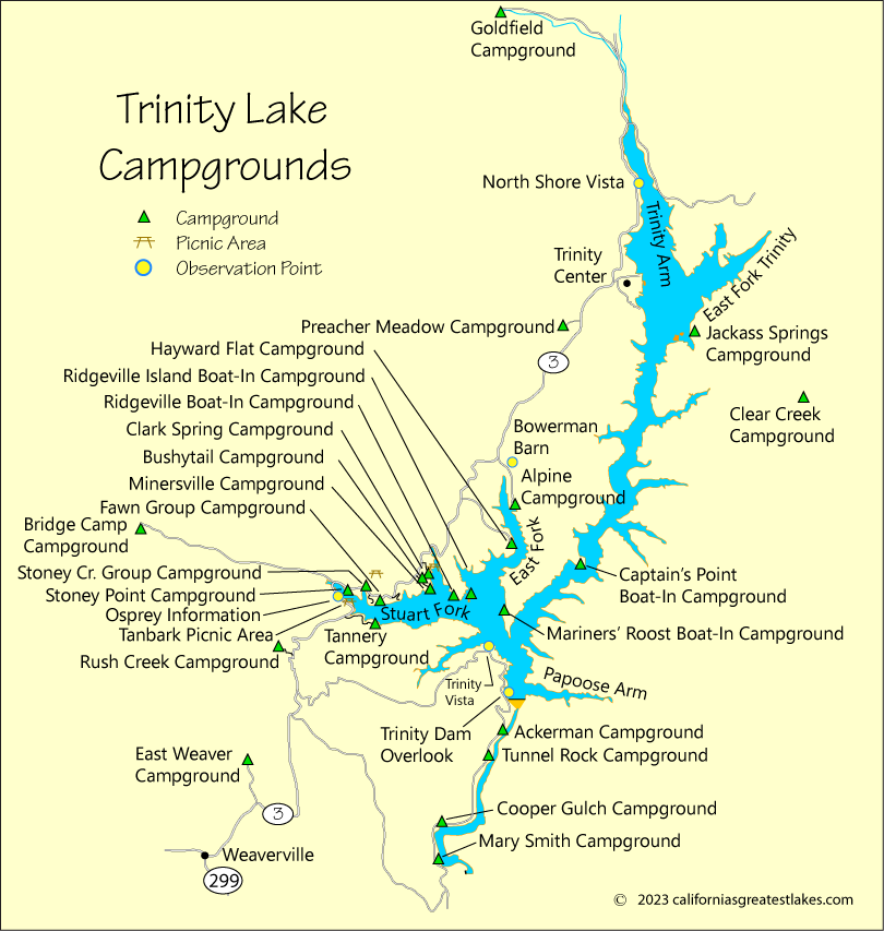 Trinity Lake camping map, CA